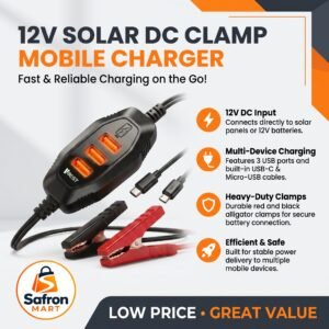 12V DC clamp mobile charger with battery clamps and USB output