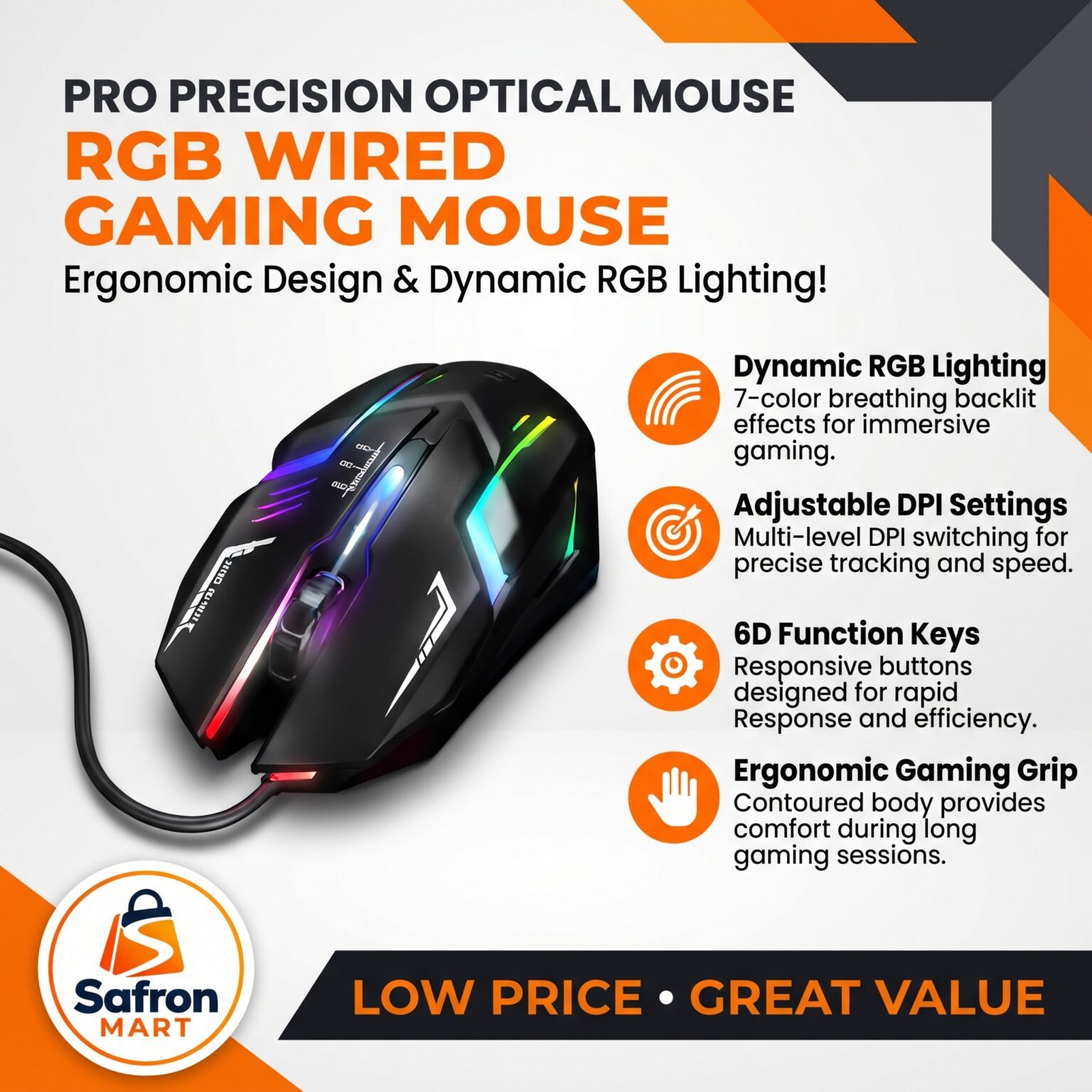 3 Rgb Led Sensor RGB Wired Gaming Mouse – Amazing 7 Color 3 DPI Mouse